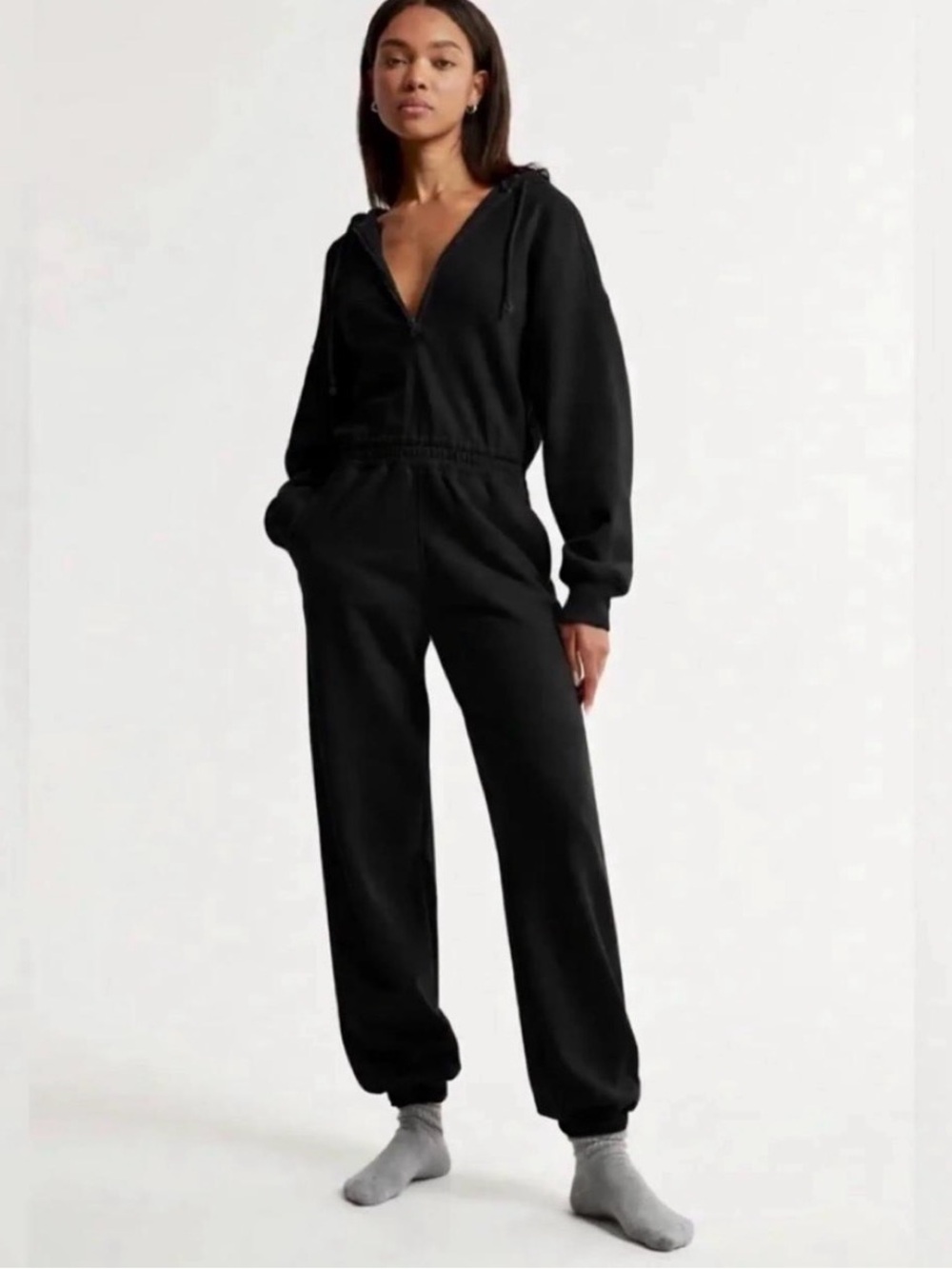 Abercrombie & Fitch Lounge Collection Black Hooded Cozy Fleece Jumpsuit